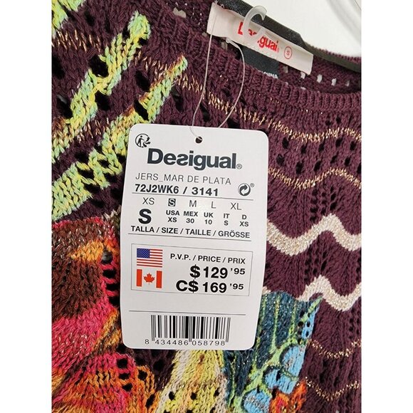 NWT Size US XS Desigual Burgundy Brown Knit Sweater Floral Oversized - Picture 4 of 6